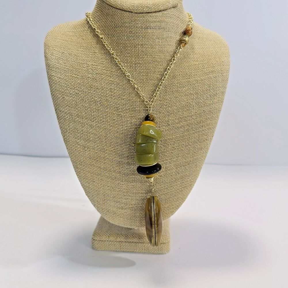 Necklace Chico's Malaya Chunky Beads Pendant 18" Earth Tones Gold Tone Fashion
